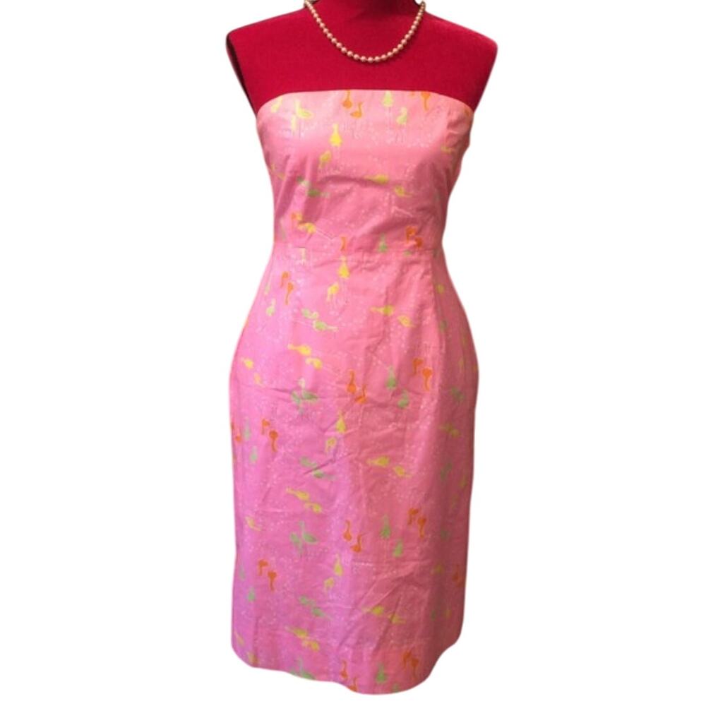 Lilly Pulitzer Pink Strapless Audrey Dress Crane Bird Print Sheath 0 XS